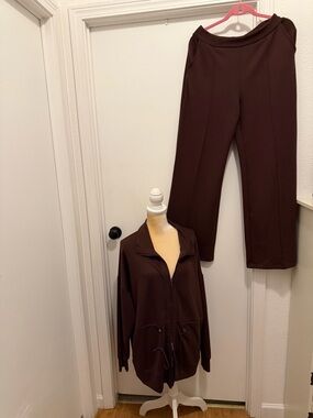 Brown Straight-Leg Pull-On Pants with Matching Zip Jacket Set